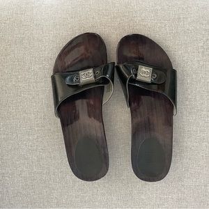 CHANEL Black Patent Leather Wooden Mule Slide Wedge Platform sandals